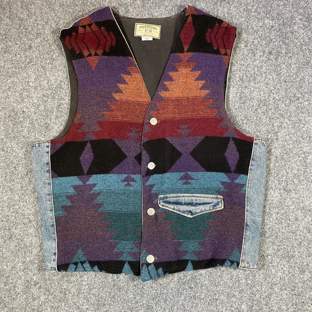 Vintage Aztec Denim Vest Mens Medium New River Made in the USA Artsy Biker
